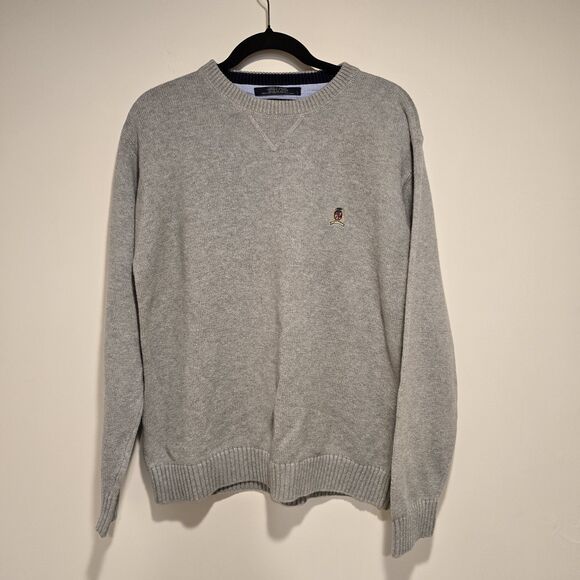 Vintage TOMMY HILFIGER Lion Crest Sweater MENS LARGE GRAY Crew Neck Cotton Prep - Picture 1 of 8